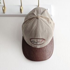 Vintage Tan Fishing Dad Hat w/ Embroidered Fish Logo & Brown Faux Leather Cap